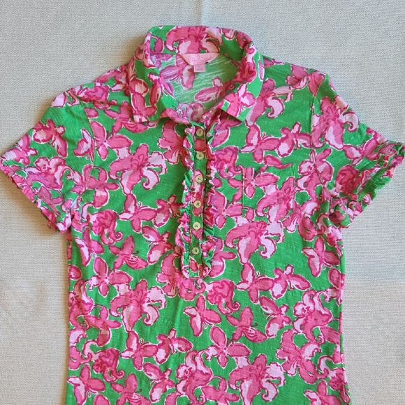 Lilly Pulitzer Dresses & Skirts - Lilly Pulitzer Pink and Green Butterfly Floral Polo Dress with Ruffles sz Small